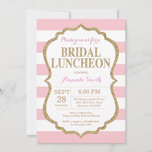 Pink and Gold Glitter Bridal Luncheon Invitation (Front)