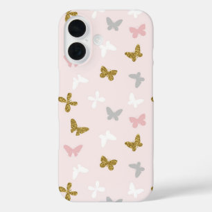 Pink And Gold Glitter Butterfly Pattern iPhone 16 Case