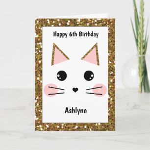 Pink and Gold Glitter Cat Birthday Card