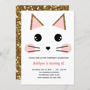 Pink and Gold Glitter Cat Birthday Invitation