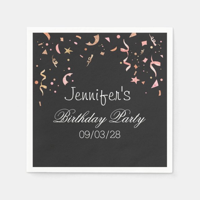 Pink and Gold Glitter Confetti on Black Background Napkin (Front)