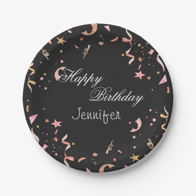 Pink and Gold Glitter Confetti on Black Background Paper Plate (Front)