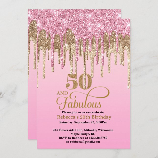 Pink and Gold Glitter Drips 50th Birthday  Invitation (Front/Back)