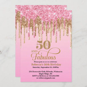 Pink and Gold Glitter Drips 50th Birthday  Invitation