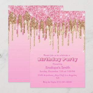 Pink and Gold Glitter Drips Birthday Invitation