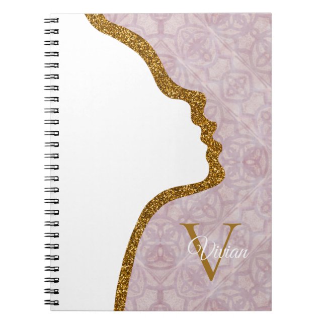 Pink And Gold Glitter Face Monogram Name Notebook (Front)