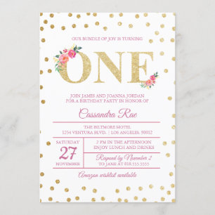 Pink and Gold Glitter First Birthday Invitation
