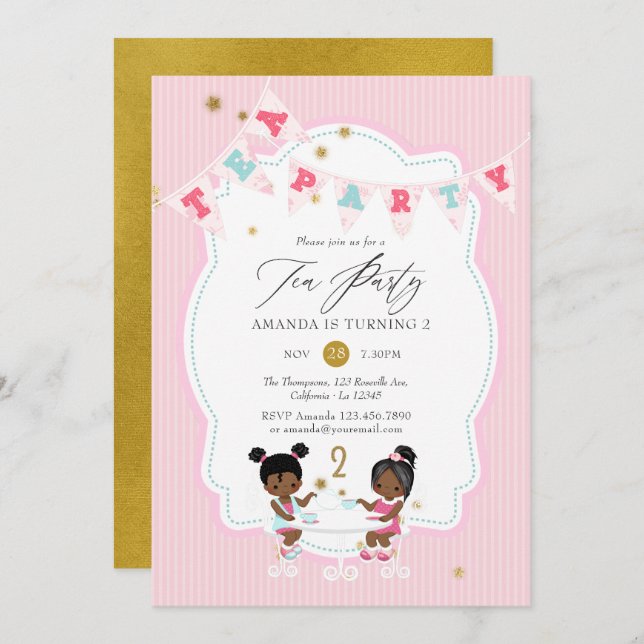 Pink and Gold Glitter Girl 2nd Birthday Tea Party Invitation (Front/Back)