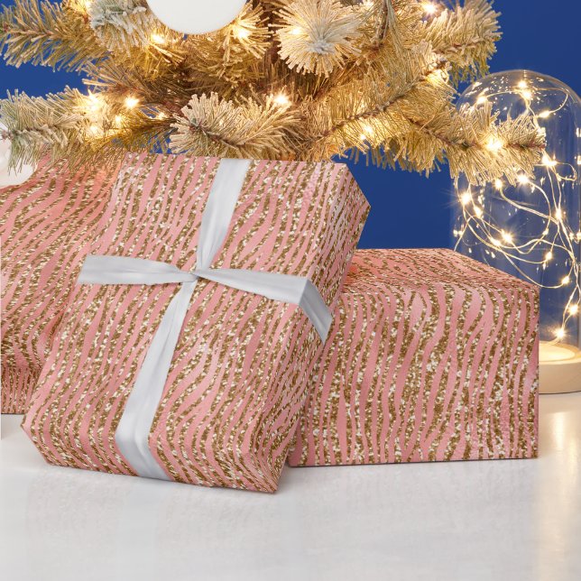 Pink and Gold Glitter Glam Tiger Stripes Pattern Wrapping Paper (Holidays)
