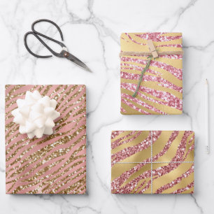 Pink and Gold Glitter Glam Tiger Stripes Pattern Wrapping Paper Sheet