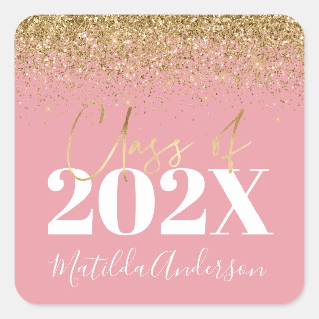 pink and gold glitter graduation class of  square sticker (Front)