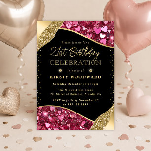 Pink and Gold Glitter Hearts 21st Birthday Invitation
