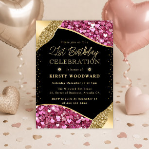Pink and Gold Glitter Hearts 21st Birthday Invitation