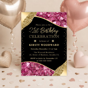 Pink and Gold Glitter Hearts 21st Birthday Invitation