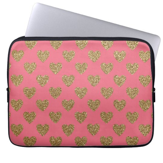 Pink and Gold Glitter Hearts Laptop Sleeve