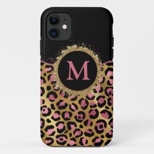 Pink and gold glitter leopard print initial Case-M iPhone 11 Case