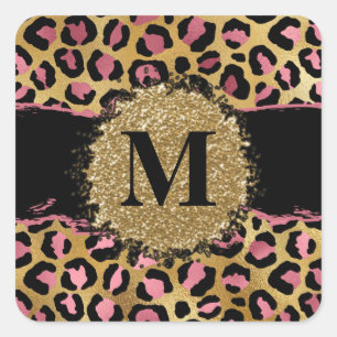 Pink and gold glitter leopard print monogram square sticker