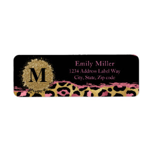 Pink and gold glitter leopard print return address label