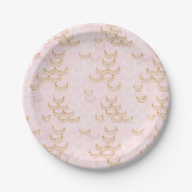 Pink and Gold Glitter Mermaid Scales Pattern Party Paper Plate (Front)