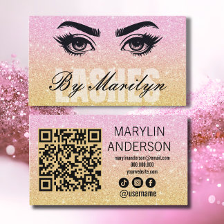 Pink and Gold Glitter Ombre Lash QR Code Scannable Business Card