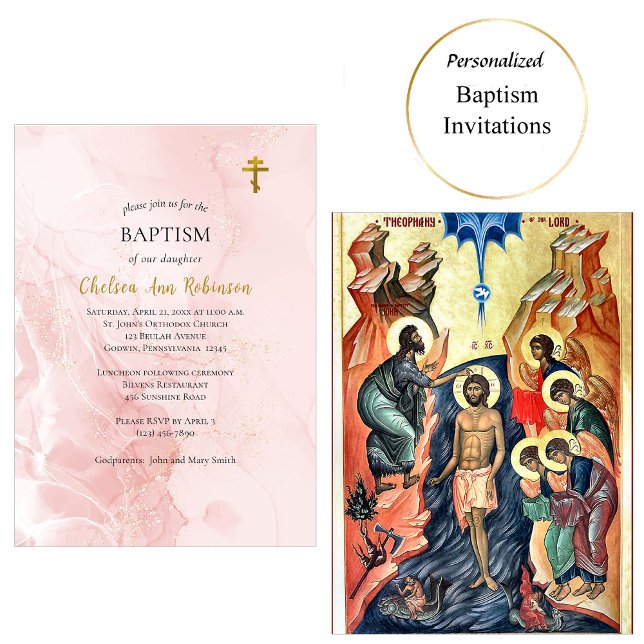 Pink and Gold Glitter Orthodox Baptism Invitation (Creator Uploaded)