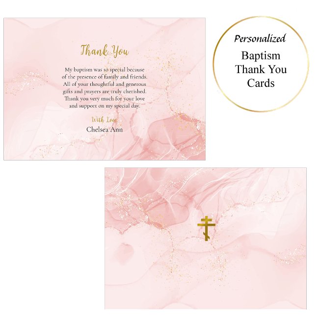 Pink and Gold Glitter Orthodox Christian Baptism Thank You Card (Creator Uploaded)