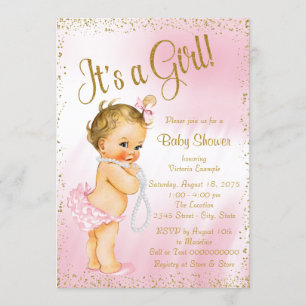 Pink and Gold Glitter Pearl Baby Shower Invitation