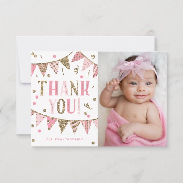 Pink and Gold Glitter Photo Birthday Thank You (Front)