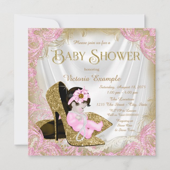 Pink and Gold Glitter Shoe Pearl Baby Shower Invitation (Front)