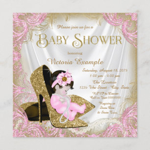 Pink and Gold Glitter Shoe Pearl Baby Shower Invitation
