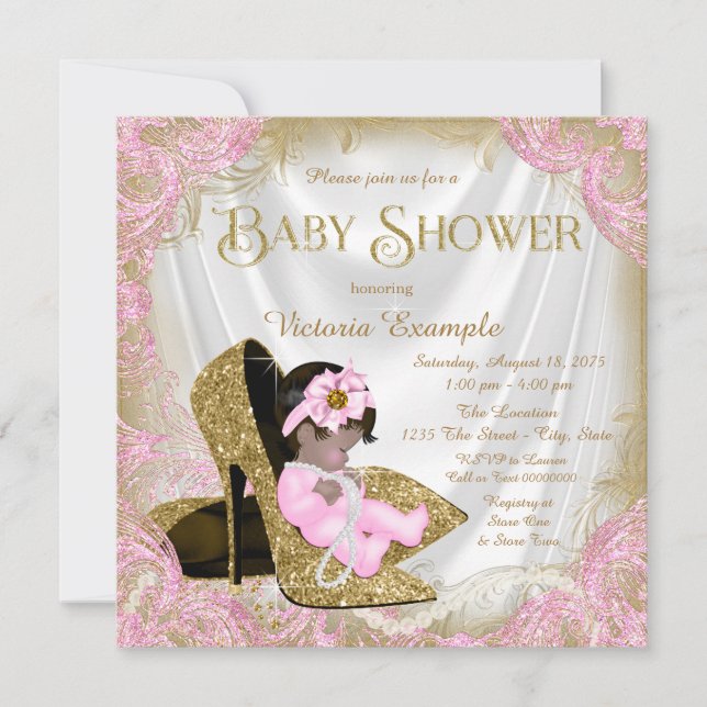 Pink and Gold Glitter Shoe Pearl Baby Shower Invitation (Front)