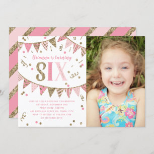 Pink and Gold Glitter Sixth Birthday Party Photo Invitation