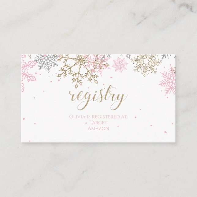 Pink and Gold Glitter Snowflake Baby Registry Enclosure Card (Front)