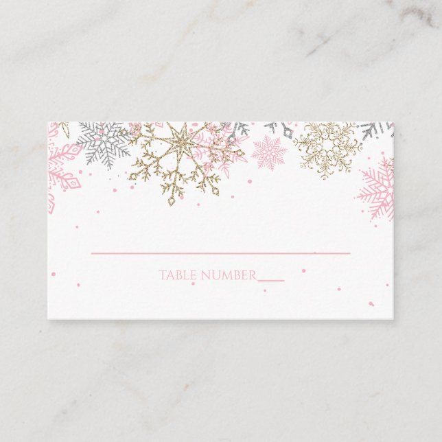 Pink and Gold Glitter Snowflake Place Cards (Front)
