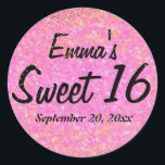 Pink and Gold Glitter Sweet 16 Personalised Classic Round Sticker<br><div class="desc">A photograph of pink and gold glitter creates a sparkly background for this pretty Sweet 16 sticker or envelope seal. The gold glitter layer is on top of the black text to give it a festive look. Your name is on top, followed by Sweet 16 and then your birthday date....</div>
