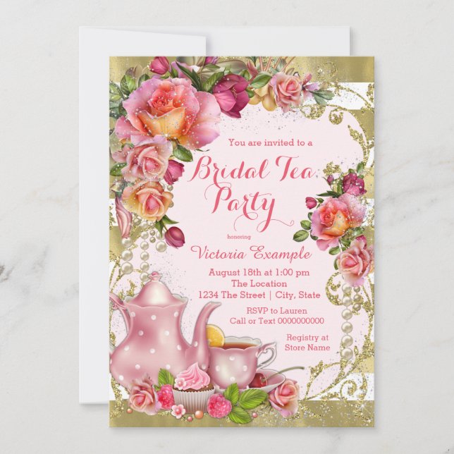 Pink and Gold Glitter Tea Party Invitation (Front)