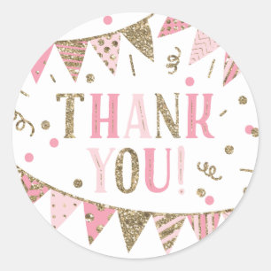 Pink and Gold Glitter Thank You Favour Classic Round Sticker