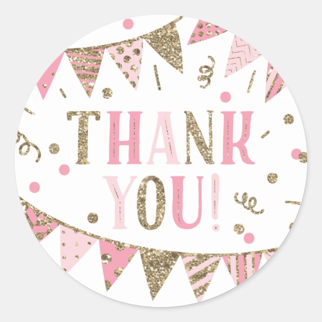 Pink and Gold Glitter Thank You Favour Classic Round Sticker (Front)