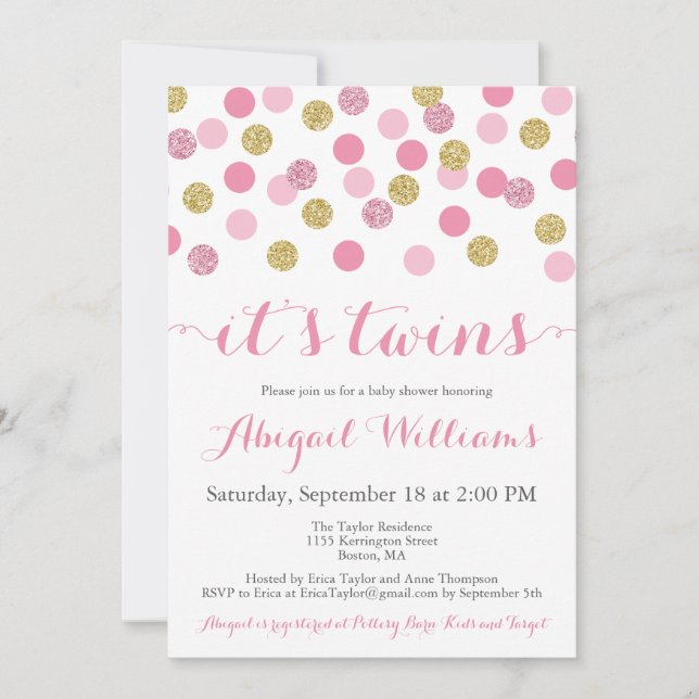 Pink and Gold Glitter Twins Baby Shower Invitation (Front)