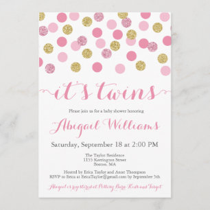 Pink and Gold Glitter Twins Baby Shower Invitation