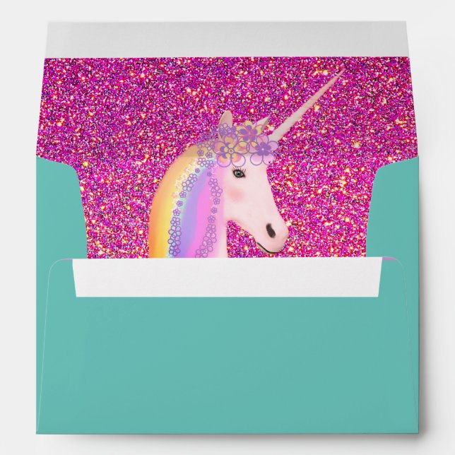 Pink and Gold Glitter Unicorn Teal Birthday Party Envelope (Back (Bottom))