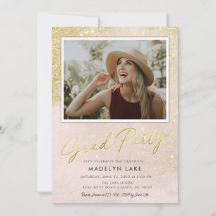 Pink and Gold Glitter Vertical 4 Photo Grad Party  Invitation