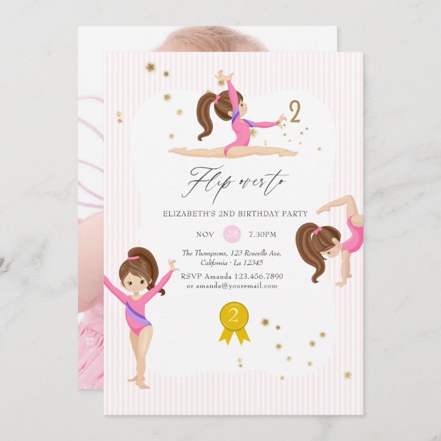 Pink and Gold Gymnastics 2nd Birthday Party Photo Invitation (Front/Back)