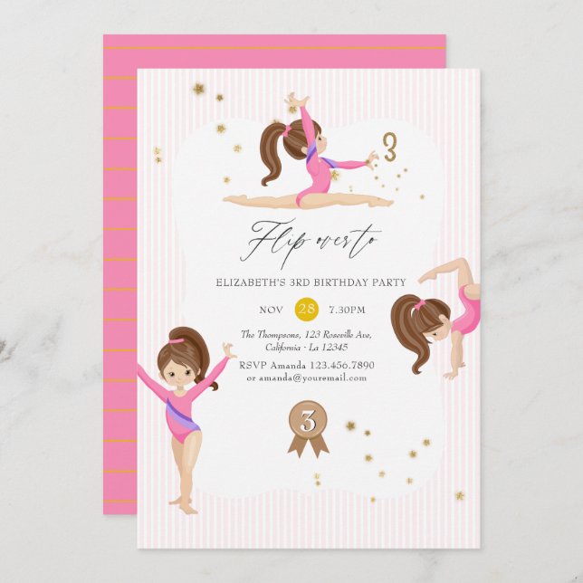 Pink and Gold Gymnastics 3rd Birthday Party Invitation (Front/Back)