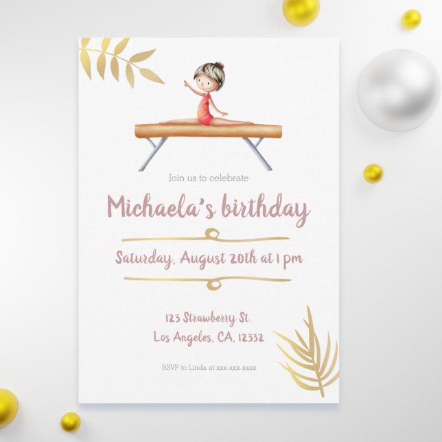 Pink and Gold Gymnastics Girl on Beam Birthday Invitation (Elegant and cute gymnastics birthday invitation)