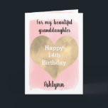 Pink and Gold Happy 14th Birthday Granddaughter Card<br><div class="desc">A pretty watercolor 14th birthday card for granddaughter that features a watercolor heart against a pretty pink watercolor, which you can personalize underneath the heart with her name. The inside of this pretty birthday card reads a birthday sentiment, which can be easily personalized. The back features the same heart along...</div>