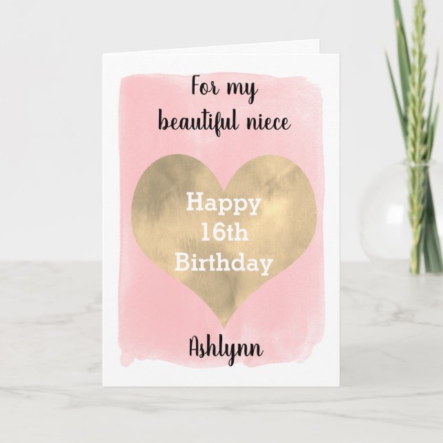 Pink and Gold Happy 16th Birthday For My Niece Card (Front)