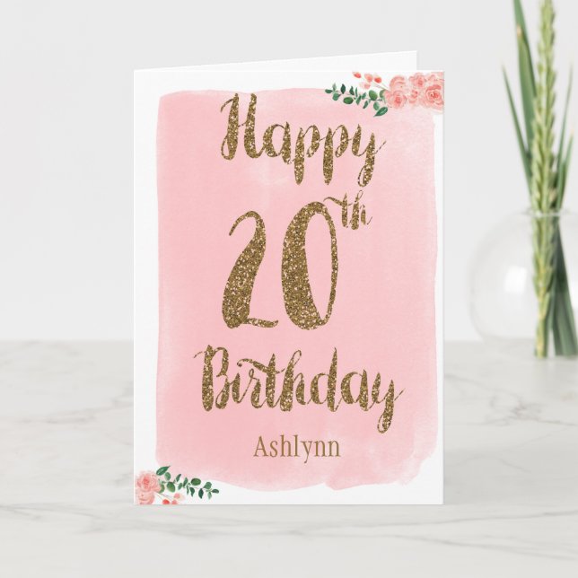 Pink and Gold Happy 20th Birthday Card (Front)