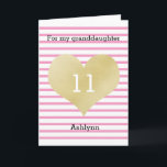 Pink and Gold Heart 11th Birthday Granddaughter Card<br><div class="desc">A striped pink and gold 11th birthday card for granddaughter. You can easily personalize the front with her age and name. The inside reads a heartfelt birthday message, which can also be personalized if wanted. The back of this eleventh birthday card also features the gold heart and pink stripes with...</div>