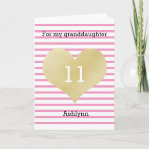 Pink and Gold Heart 11th Birthday Granddaughter Card